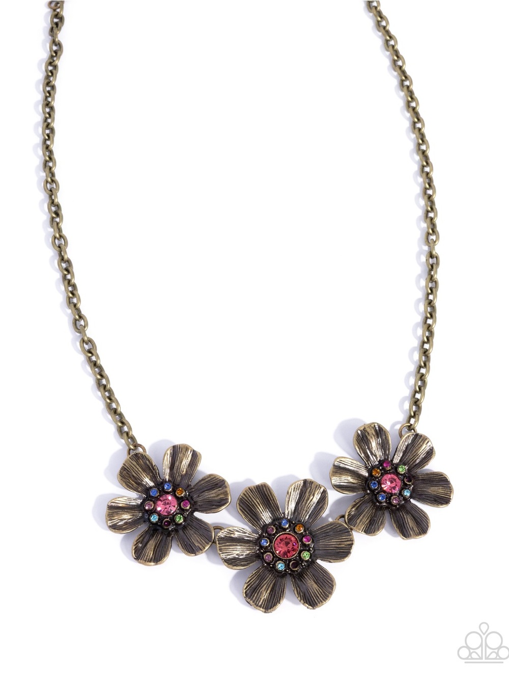 paparazzi Bronze Floral Trio Necklace with Pink and Multicolor Rhinestones